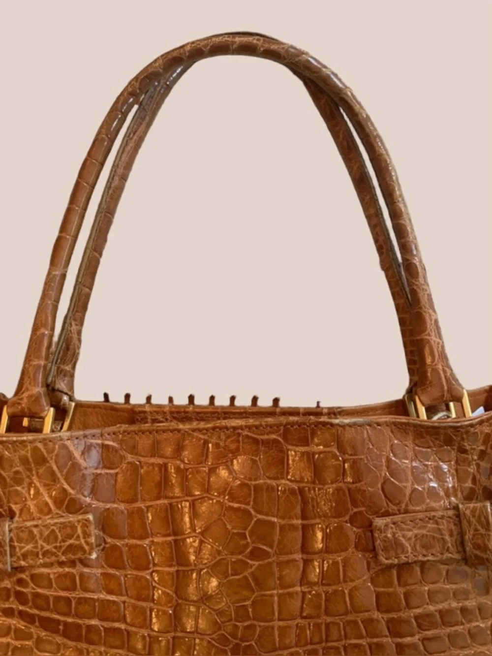 SUZANNE NEW YORK CROCODILE EMBOSSED HANDBAG CARAMEL LARGE